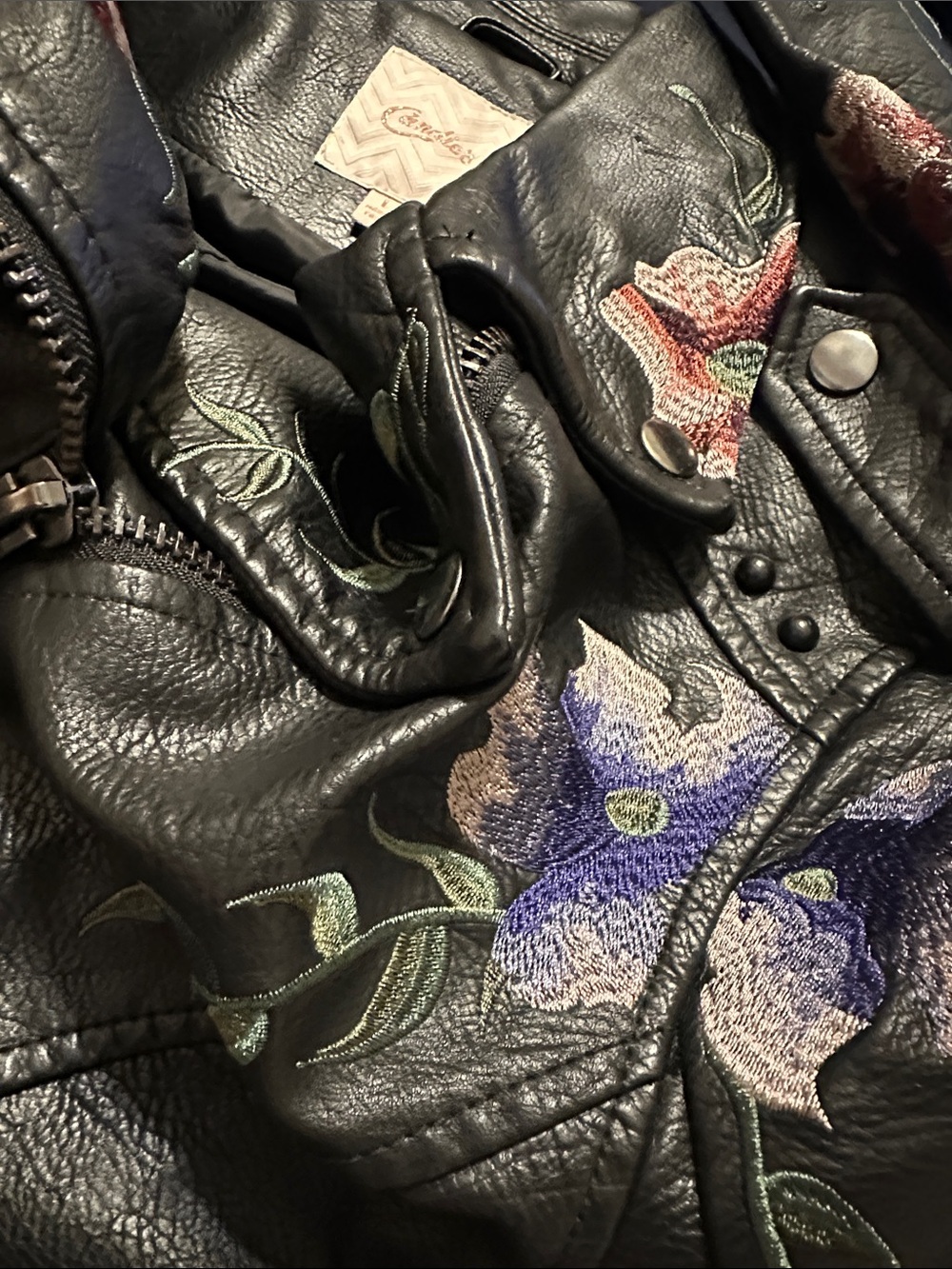 Candie's Black Faux Leather Jacket with Multicolor Floral Embroidery